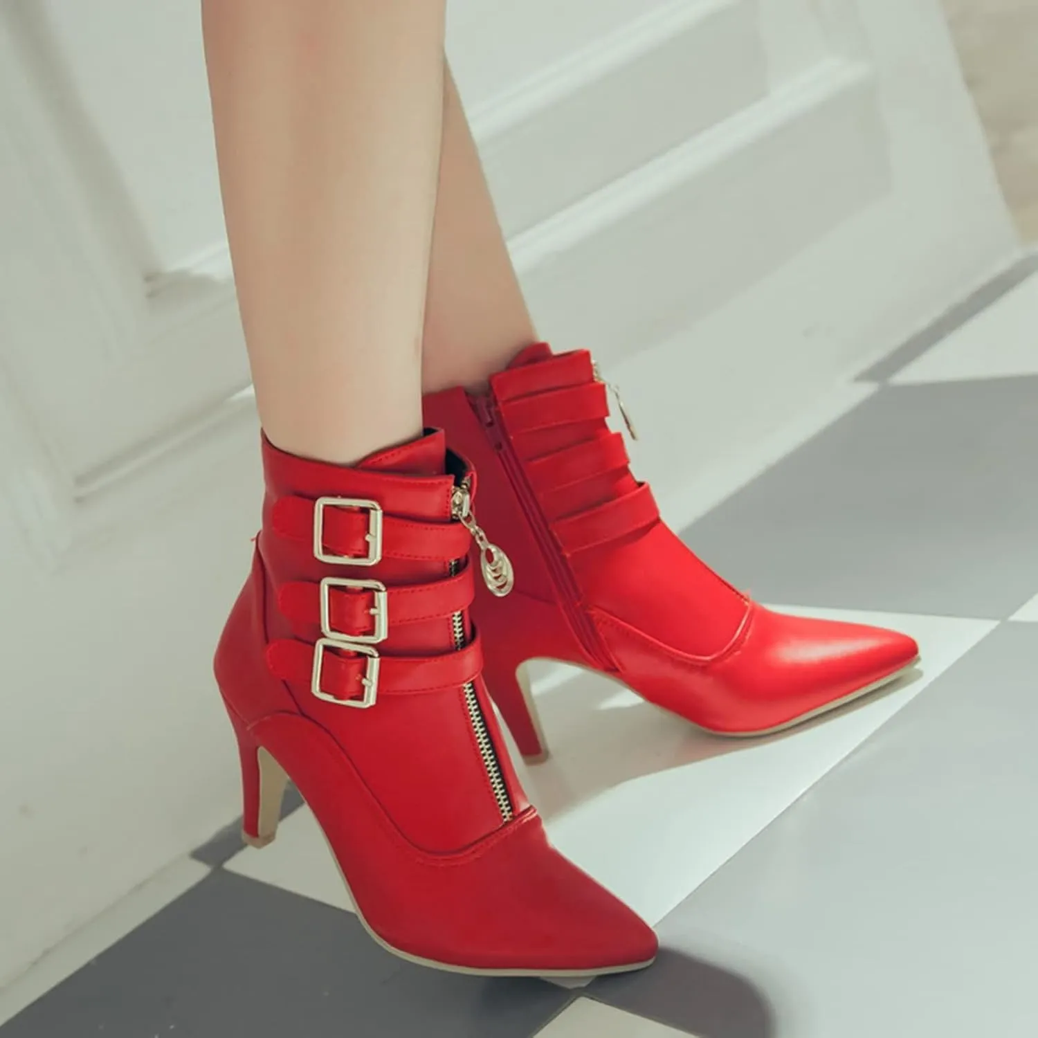 LUXMAX Kitten Heel Ankle Boots for Women Buckle Ankle Boots Strappy Pointed Toe Booties High Heels Short Boots
