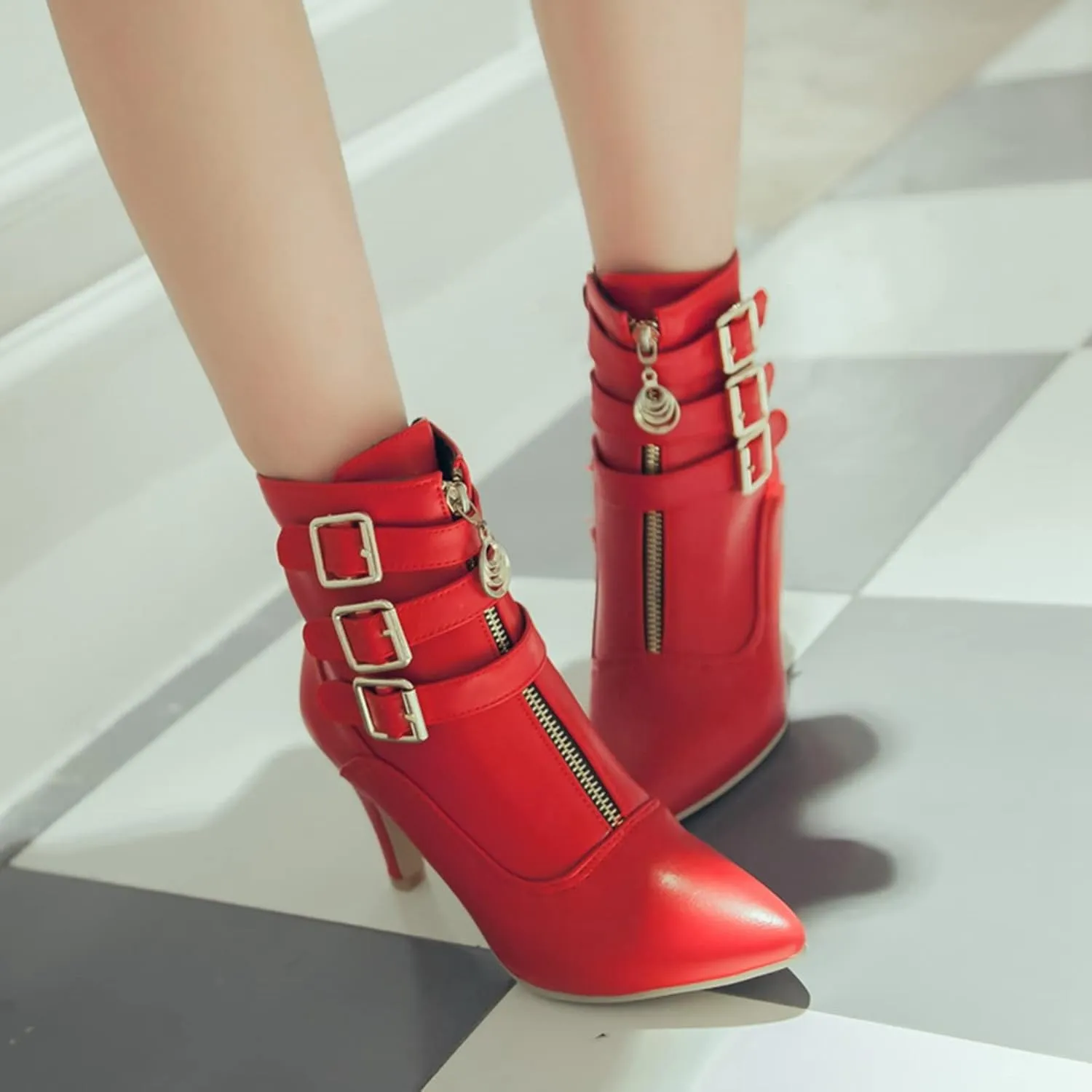 LUXMAX Kitten Heel Ankle Boots for Women Buckle Ankle Boots Strappy Pointed Toe Booties High Heels Short Boots