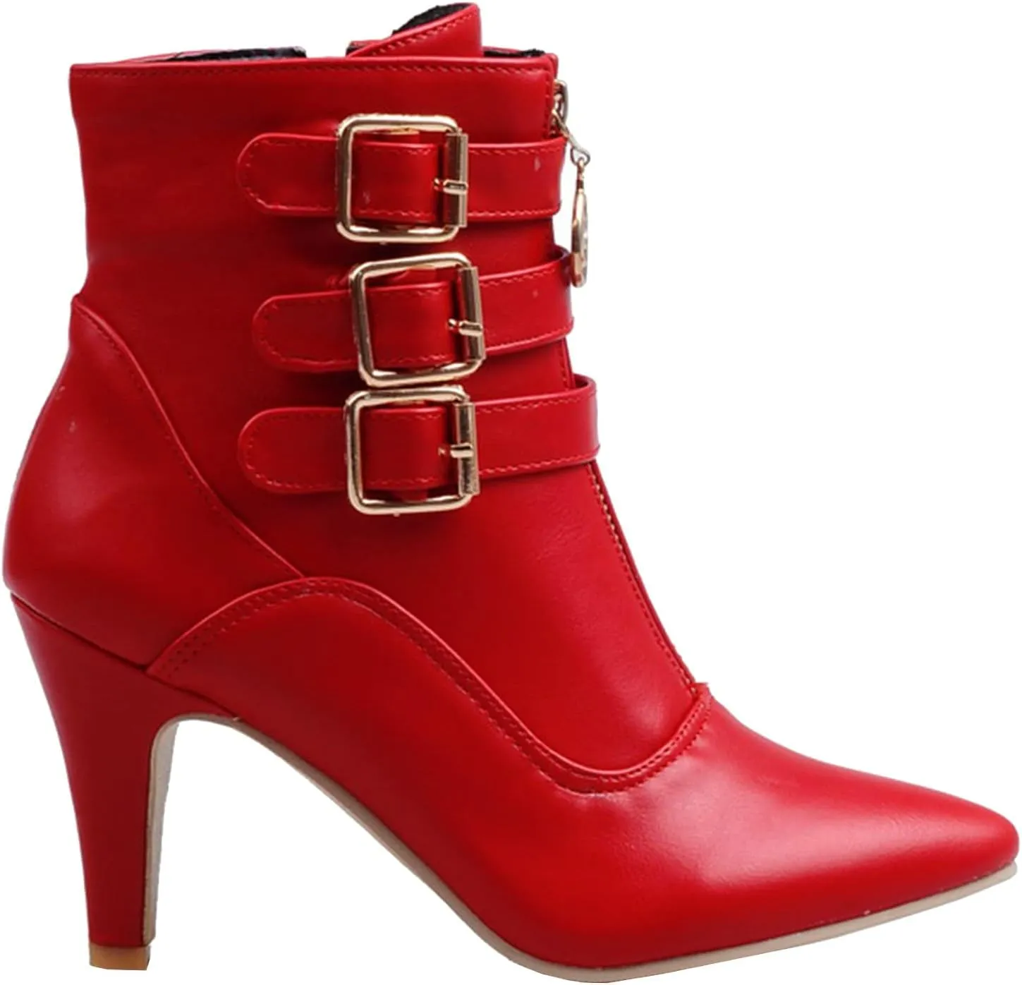 LUXMAX Kitten Heel Ankle Boots for Women Buckle Ankle Boots Strappy Pointed Toe Booties High Heels Short Boots