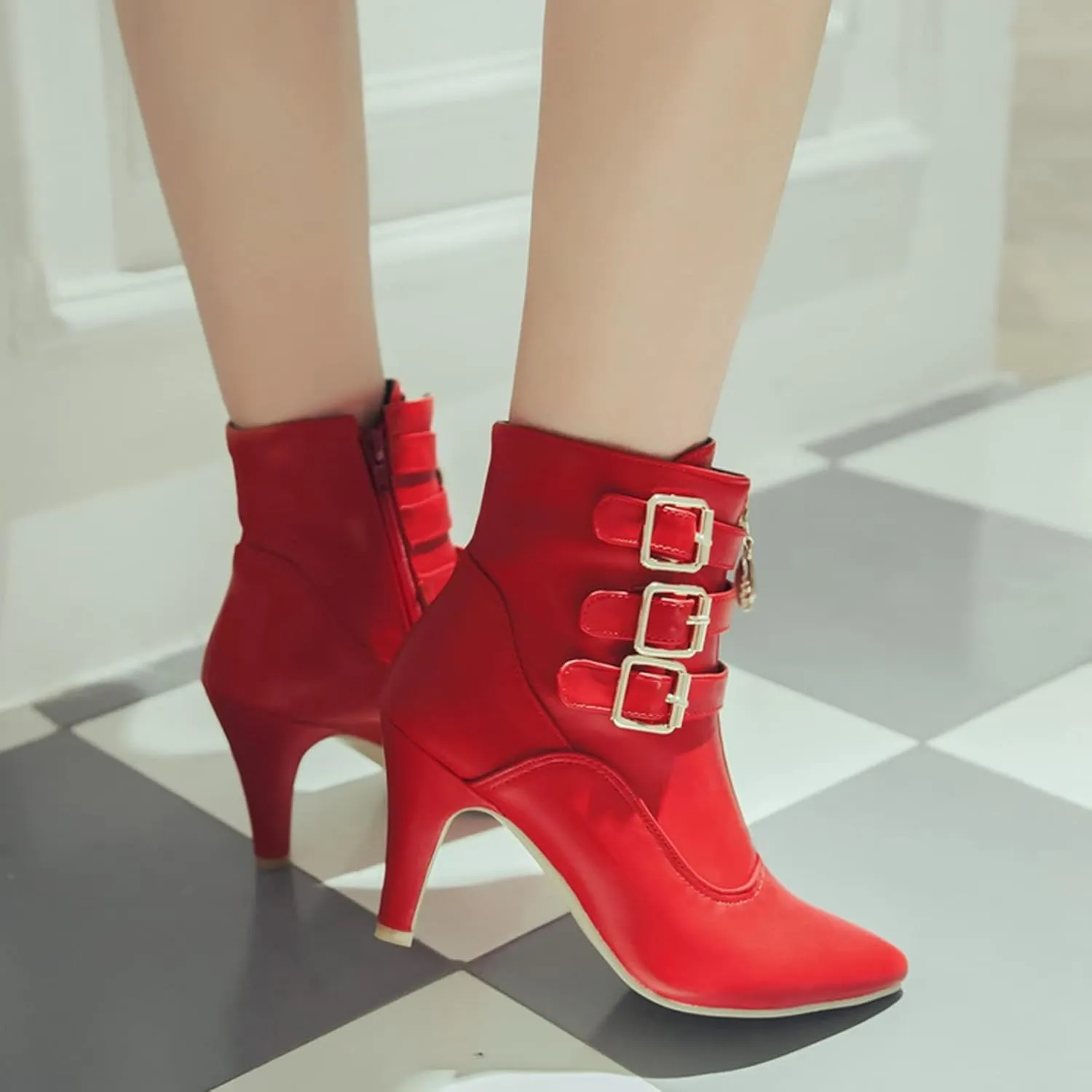 LUXMAX Kitten Heel Ankle Boots for Women Buckle Ankle Boots Strappy Pointed Toe Booties High Heels Short Boots