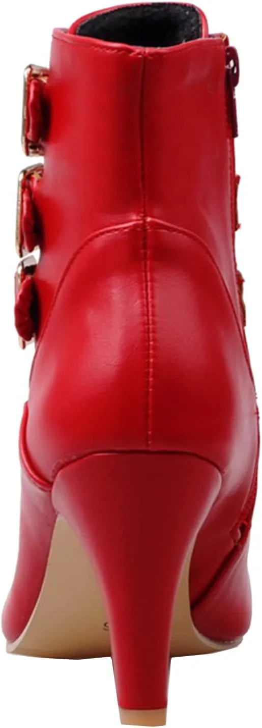 LUXMAX Kitten Heel Ankle Boots for Women Buckle Ankle Boots Strappy Pointed Toe Booties High Heels Short Boots