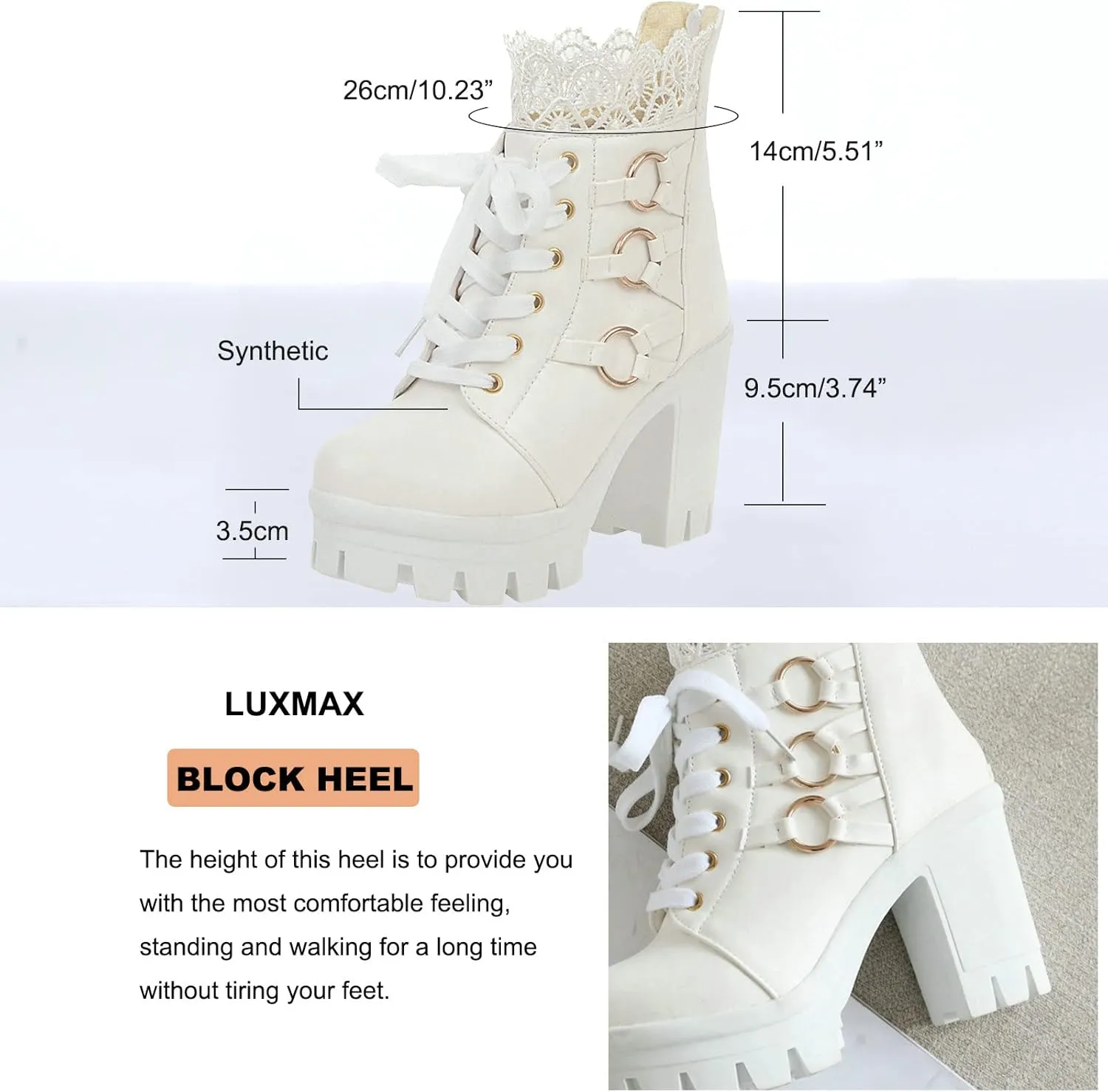LUXMAX Ladies Block Heel Lace Up Ankle Boots Platform Chunky Cute Short Booties