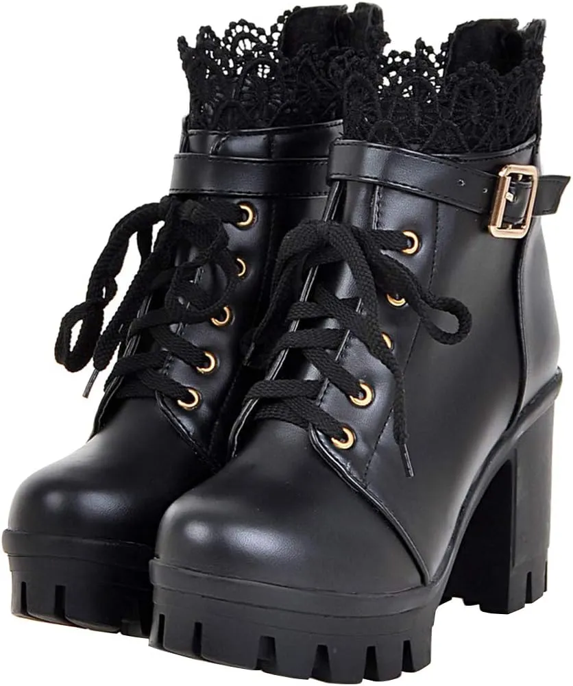 LUXMAX Ladies Block Heel Lace Up Ankle Boots Platform Chunky Cute Short Booties
