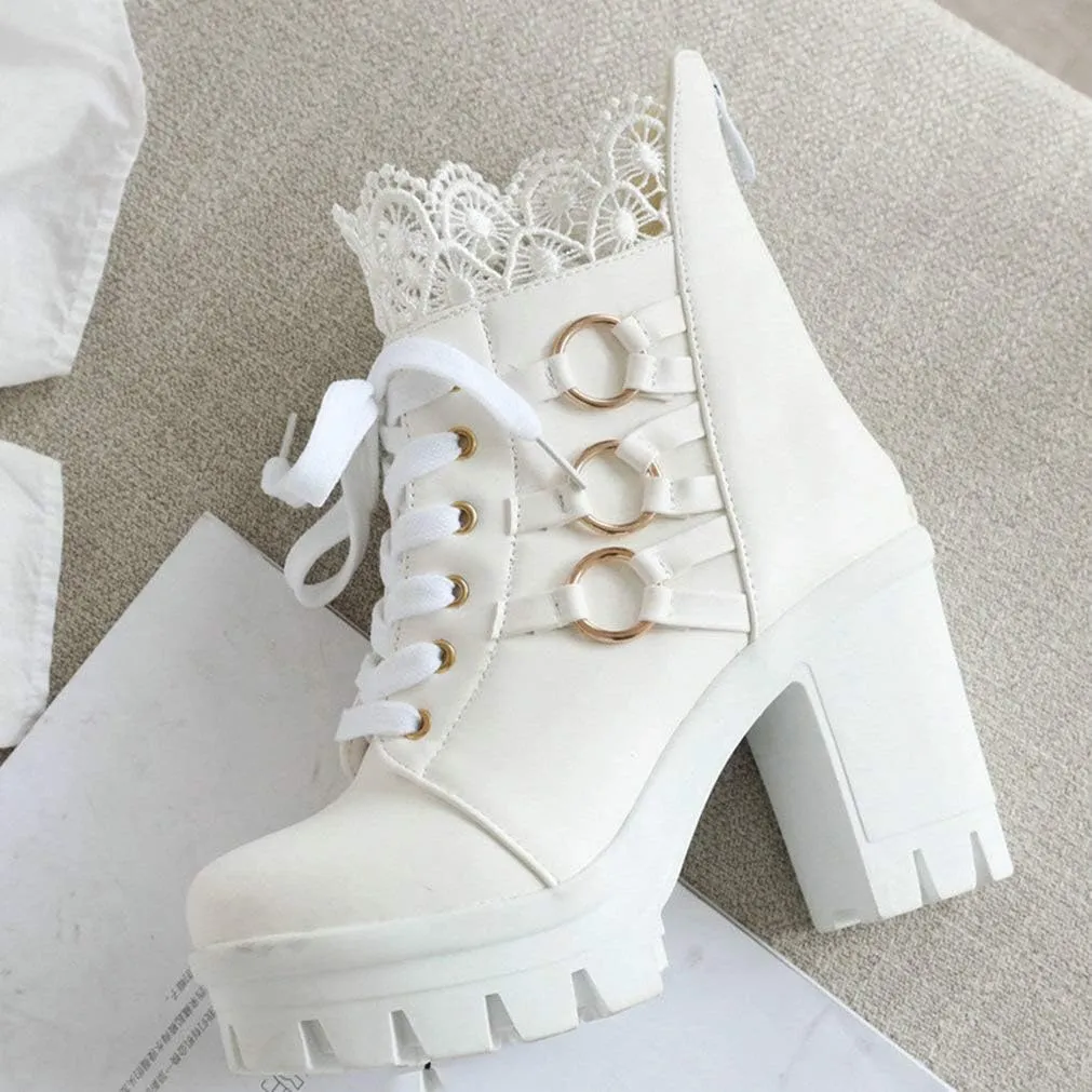 LUXMAX Ladies Block Heel Lace Up Ankle Boots Platform Chunky Cute Short Booties