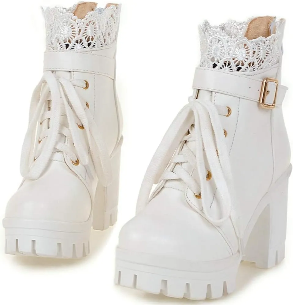 LUXMAX Ladies Block Heel Lace Up Ankle Boots Platform Chunky Cute Short Booties