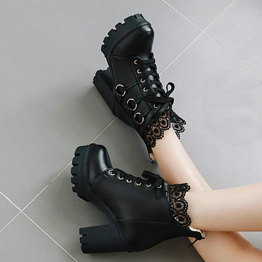 LUXMAX Ladies Block Heel Lace Up Ankle Boots Platform Chunky Cute Short Booties