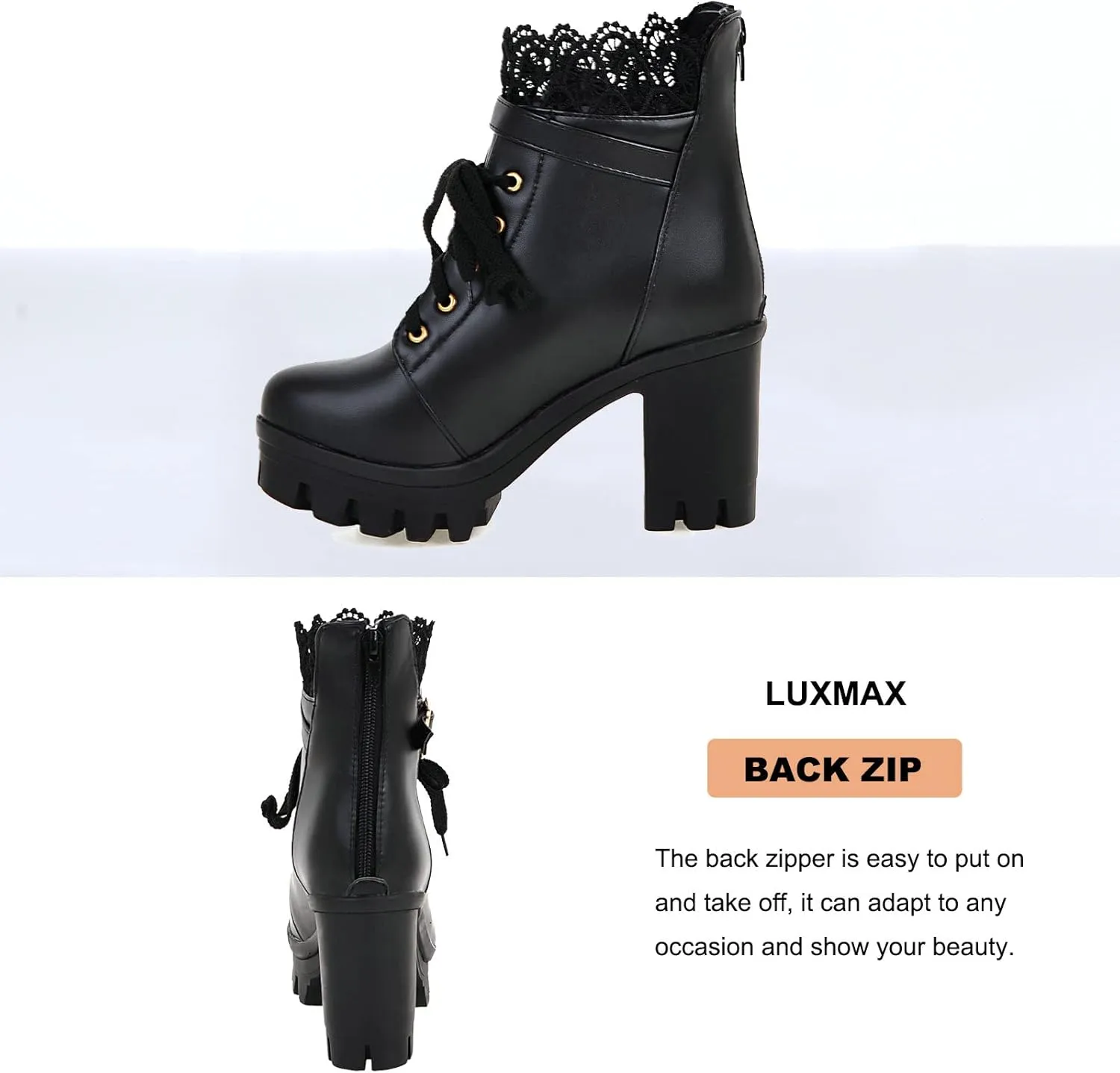 LUXMAX Ladies Block Heel Lace Up Ankle Boots Platform Chunky Cute Short Booties
