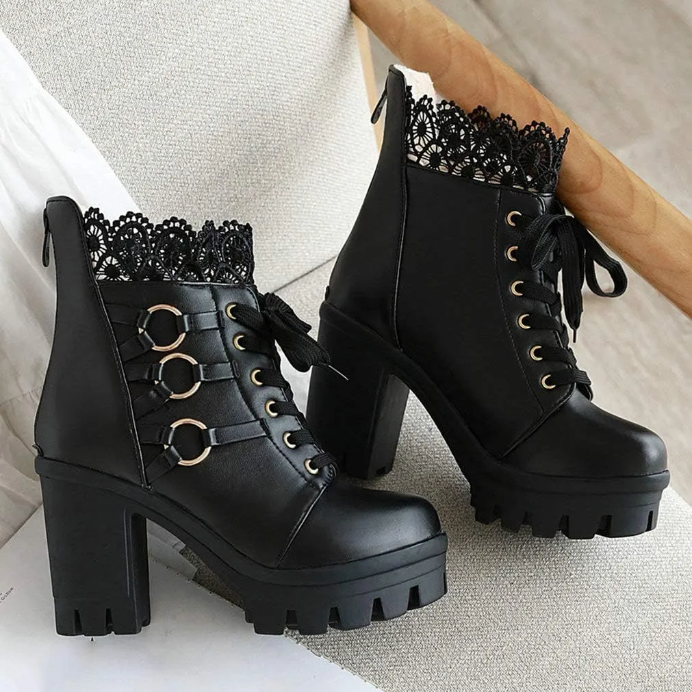 LUXMAX Ladies Block Heel Lace Up Ankle Boots Platform Chunky Cute Short Booties