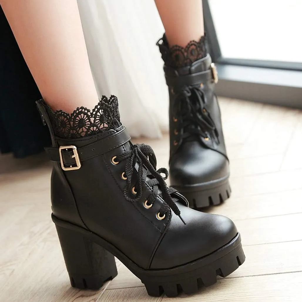 LUXMAX Ladies Block Heel Lace Up Ankle Boots Platform Chunky Cute Short Booties