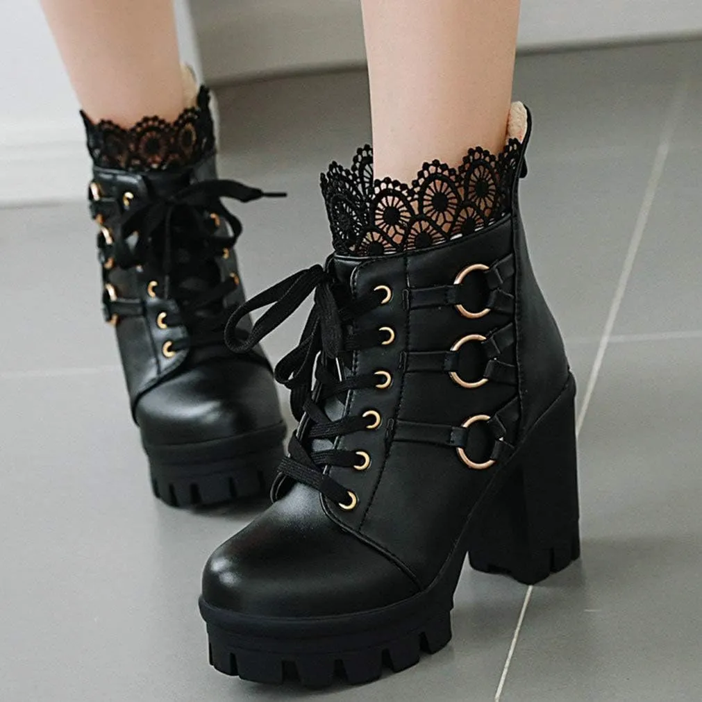 LUXMAX Ladies Block Heel Lace Up Ankle Boots Platform Chunky Cute Short Booties