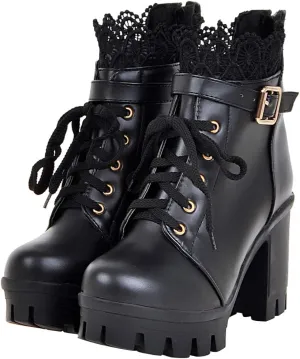 LUXMAX Ladies Block Heel Lace Up Ankle Boots Platform Chunky Cute Short Booties