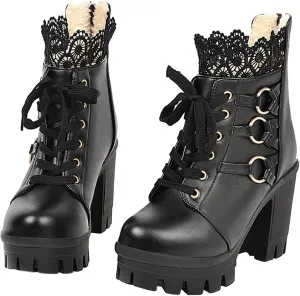 LUXMAX Ladies Block Heel Lace Up Ankle Boots Platform Chunky Cute Short Booties