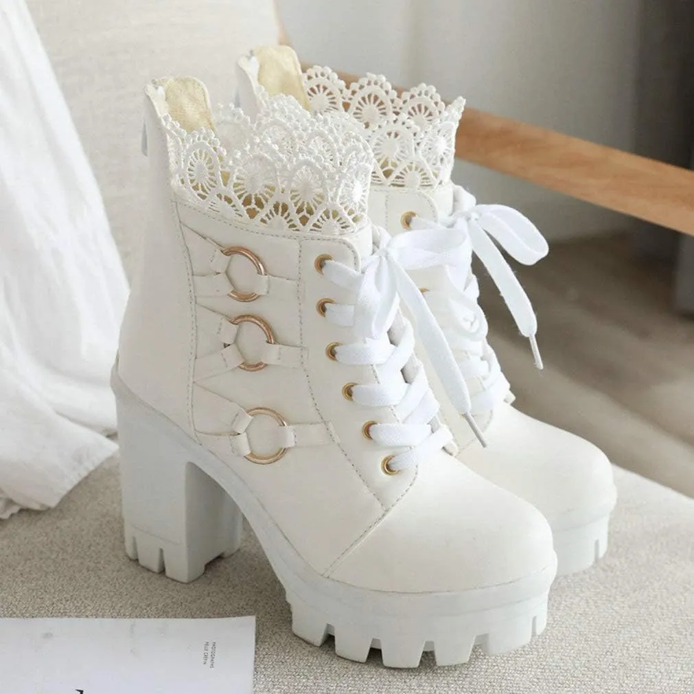LUXMAX Ladies Block Heel Lace Up Ankle Boots Platform Chunky Cute Short Booties