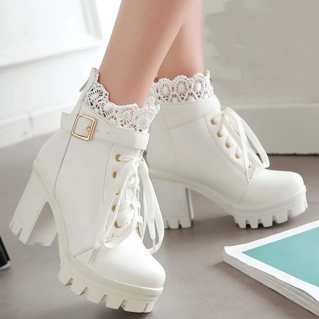 LUXMAX Ladies Block Heel Lace Up Ankle Boots Platform Chunky Cute Short Booties