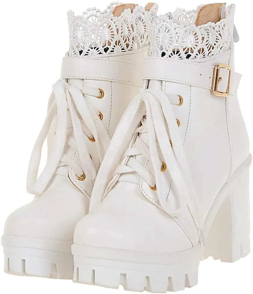 LUXMAX Ladies Block Heel Lace Up Ankle Boots Platform Chunky Cute Short Booties