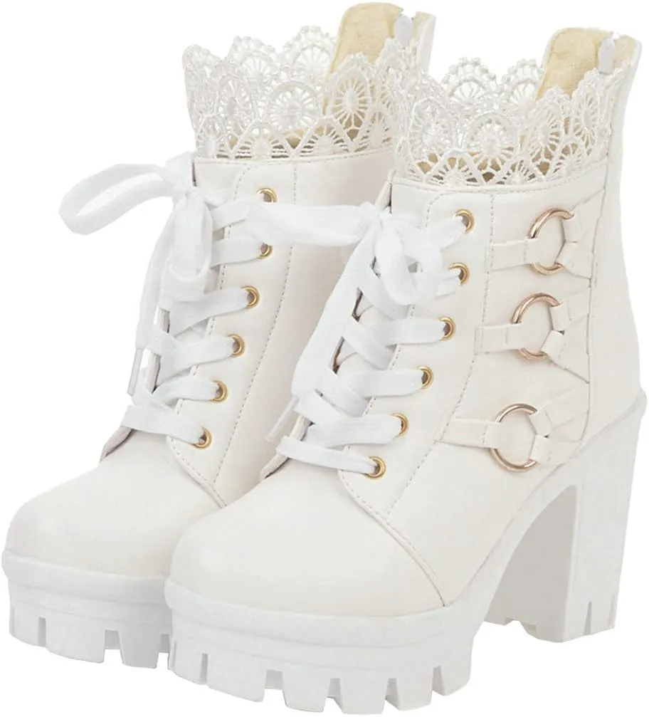 LUXMAX Ladies Block Heel Lace Up Ankle Boots Platform Chunky Cute Short Booties