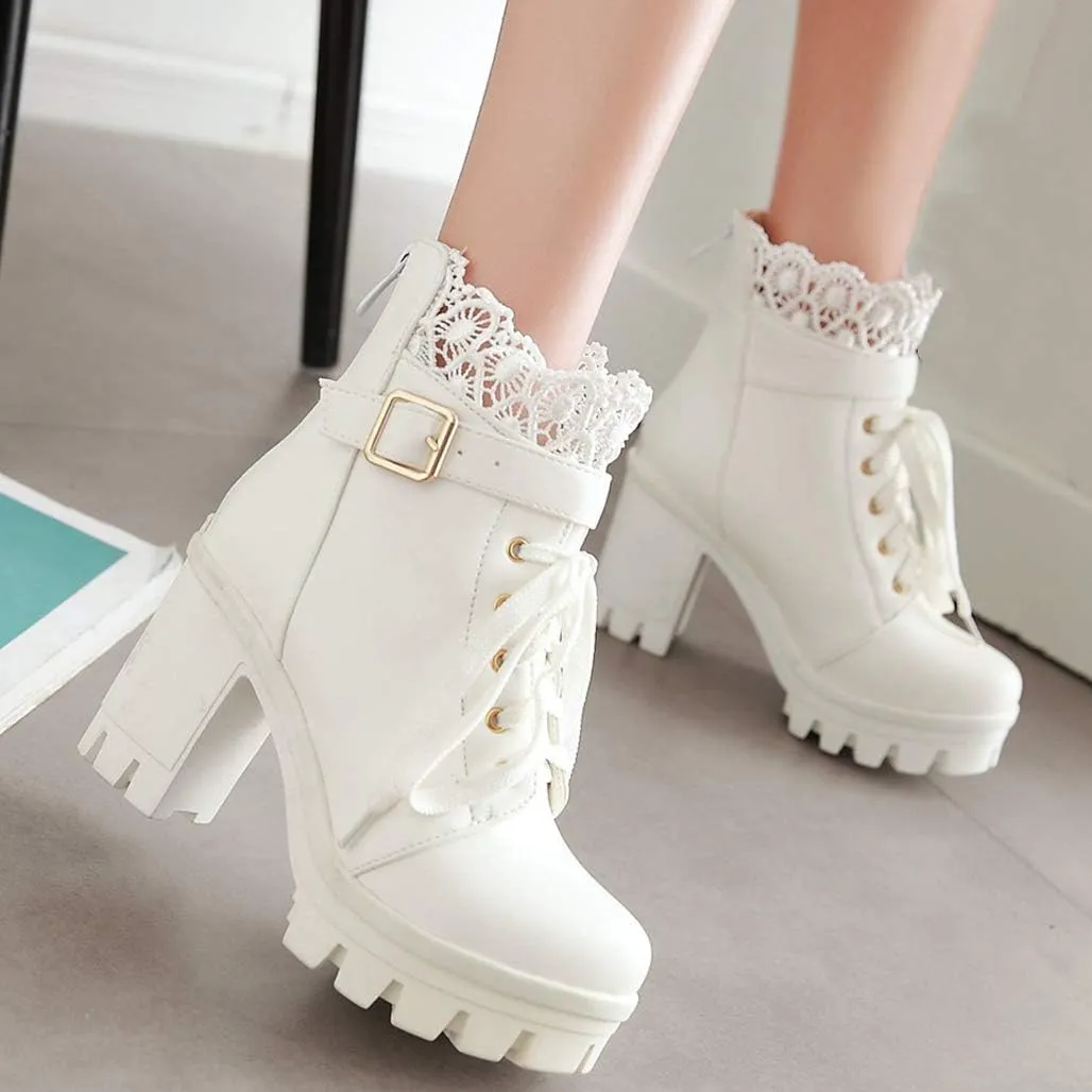 LUXMAX Ladies Block Heel Lace Up Ankle Boots Platform Chunky Cute Short Booties