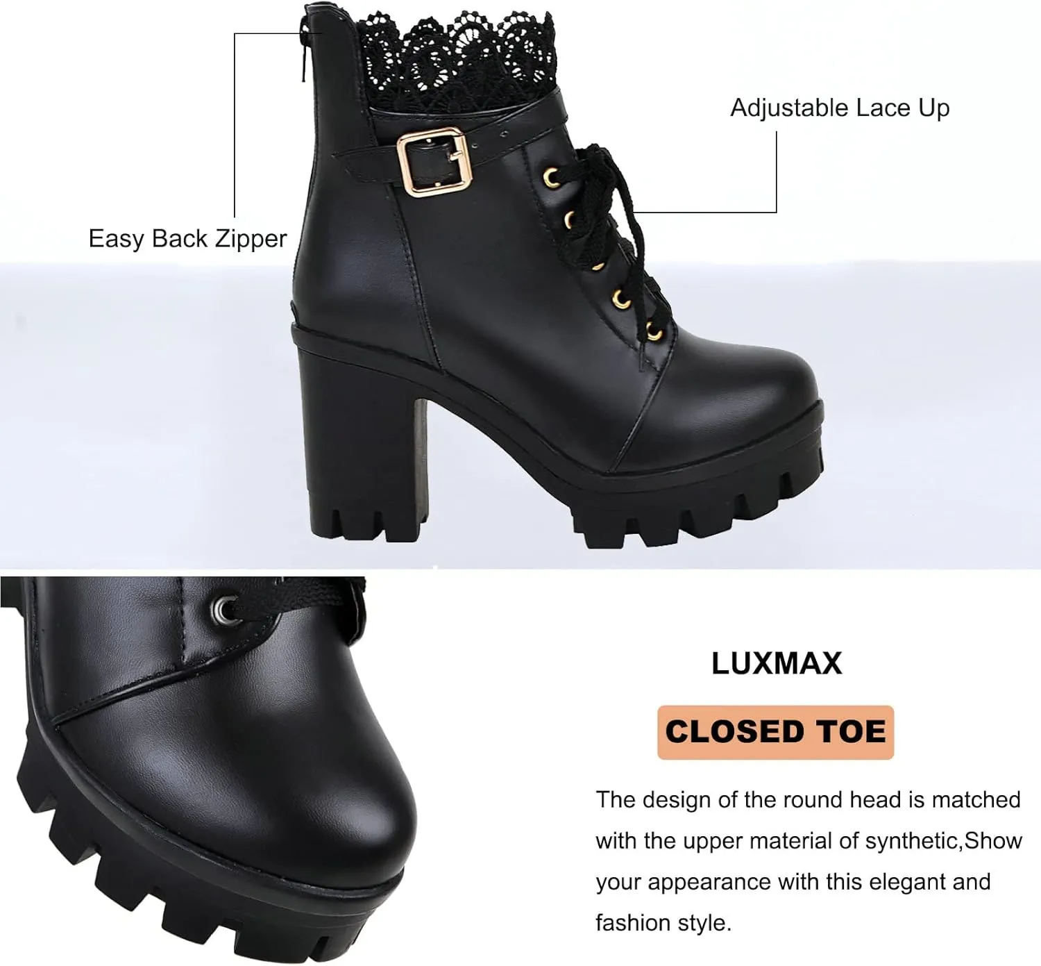 LUXMAX Ladies Block Heel Lace Up Ankle Boots Platform Chunky Cute Short Booties