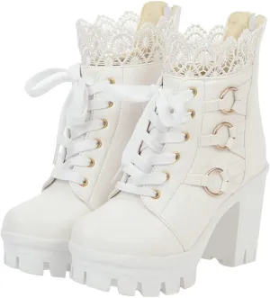 LUXMAX Ladies Block Heel Lace Up Ankle Boots Platform Chunky Cute Short Booties