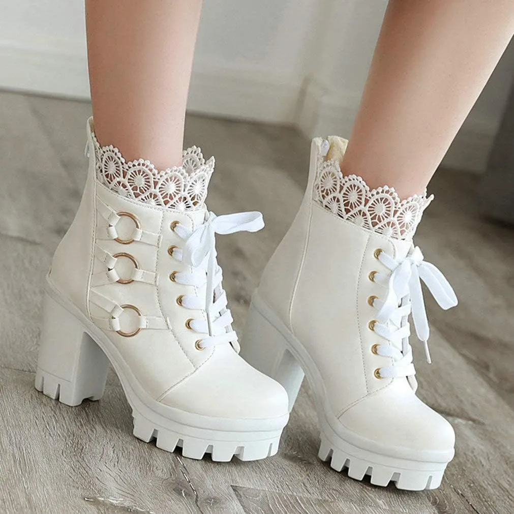 LUXMAX Ladies Block Heel Lace Up Ankle Boots Platform Chunky Cute Short Booties