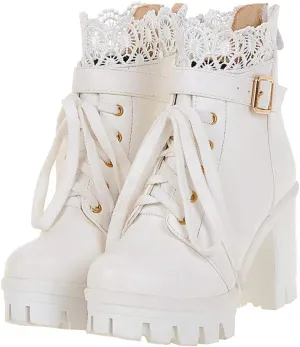 LUXMAX Ladies Block Heel Lace Up Ankle Boots Platform Chunky Cute Short Booties
