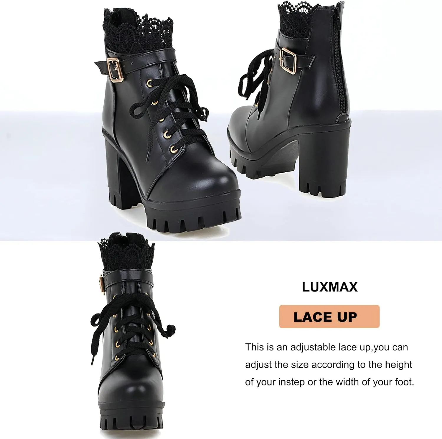 LUXMAX Ladies Block Heel Lace Up Ankle Boots Platform Chunky Cute Short Booties
