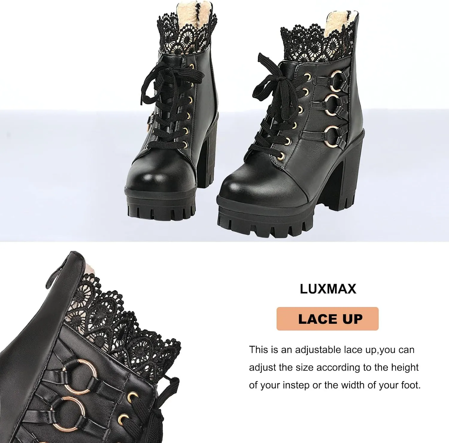 LUXMAX Ladies Block Heel Lace Up Ankle Boots Platform Chunky Cute Short Booties