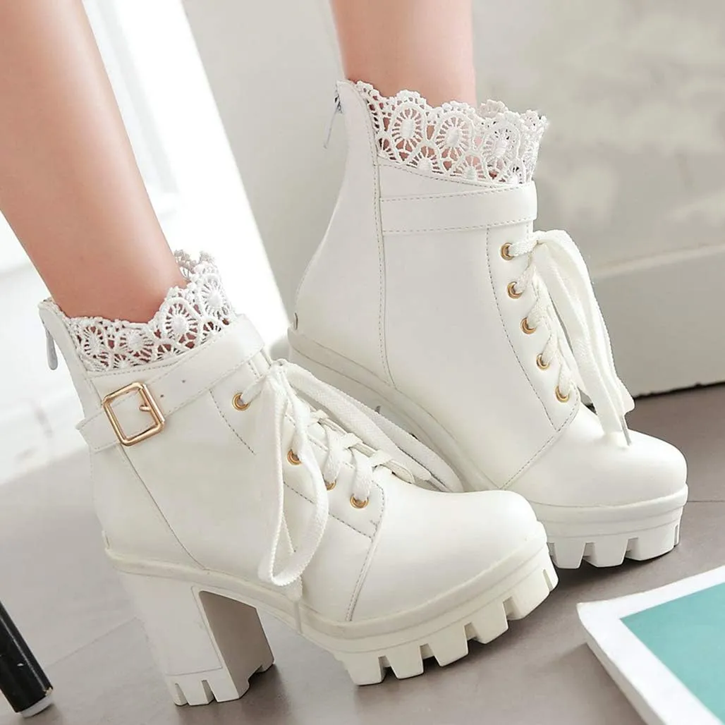 LUXMAX Ladies Block Heel Lace Up Ankle Boots Platform Chunky Cute Short Booties