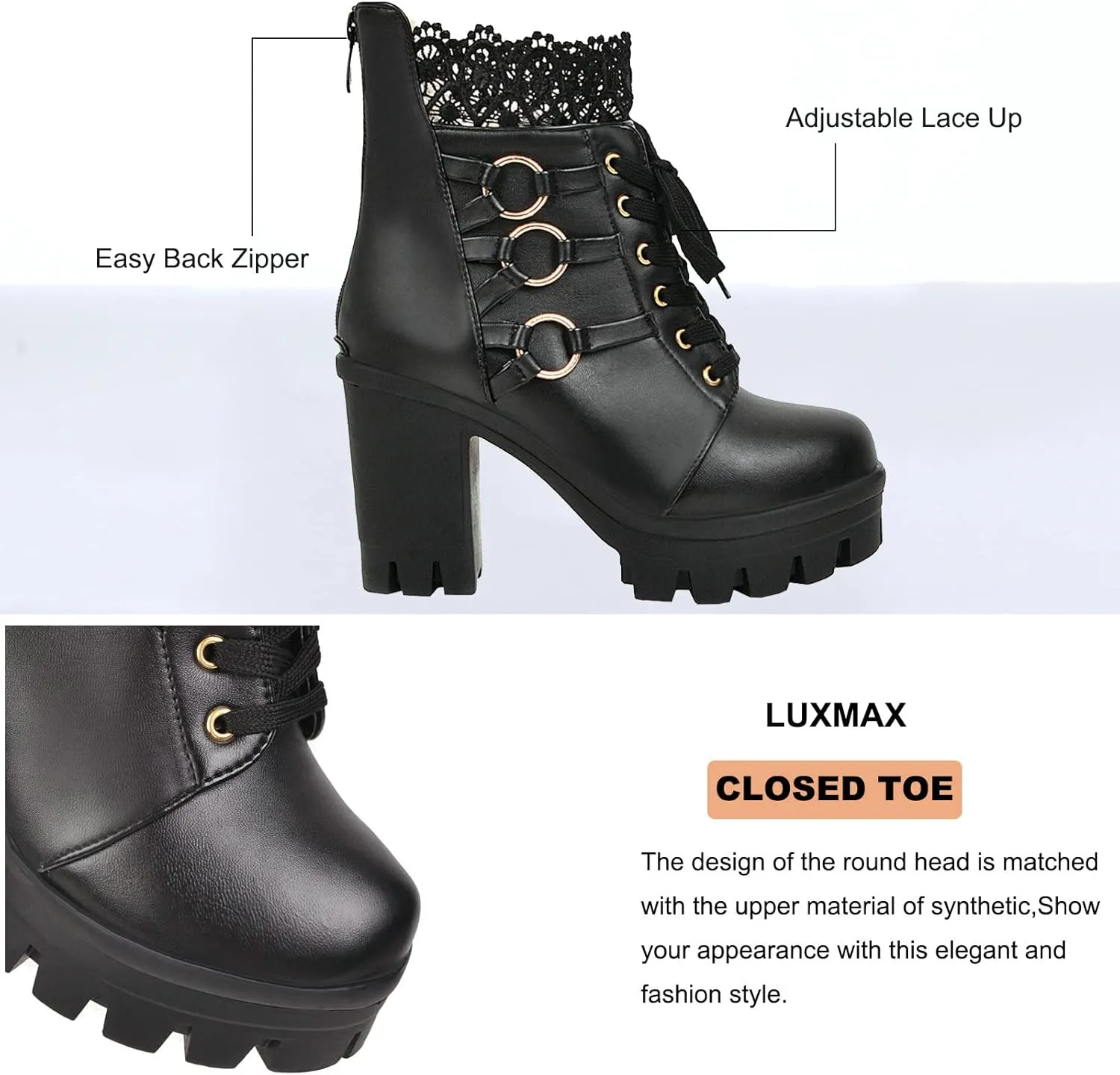 LUXMAX Ladies Block Heel Lace Up Ankle Boots Platform Chunky Cute Short Booties
