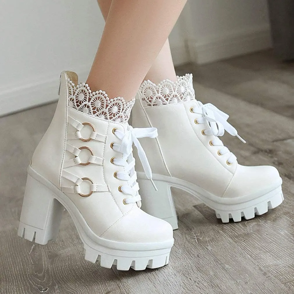 LUXMAX Ladies Block Heel Lace Up Ankle Boots Platform Chunky Cute Short Booties