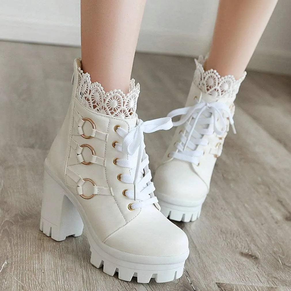 LUXMAX Ladies Block Heel Lace Up Ankle Boots Platform Chunky Cute Short Booties