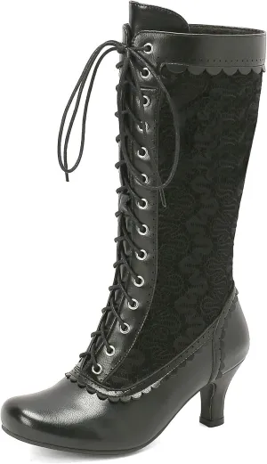 LUXMAX Women Gothic Victorian Boots Low Kitten Heel Mid Calf Boots Lace Up Cute Bow Boots for Ladies Witch Shoes