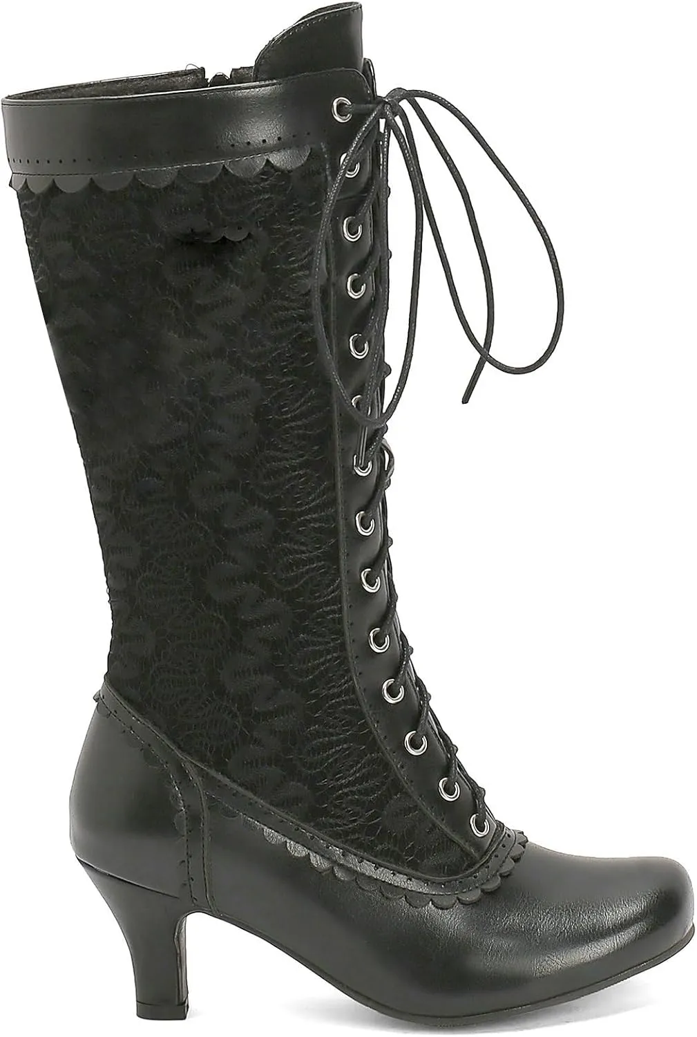 LUXMAX Women Gothic Victorian Boots Low Kitten Heel Mid Calf Boots Lace Up Cute Bow Boots for Ladies Witch Shoes