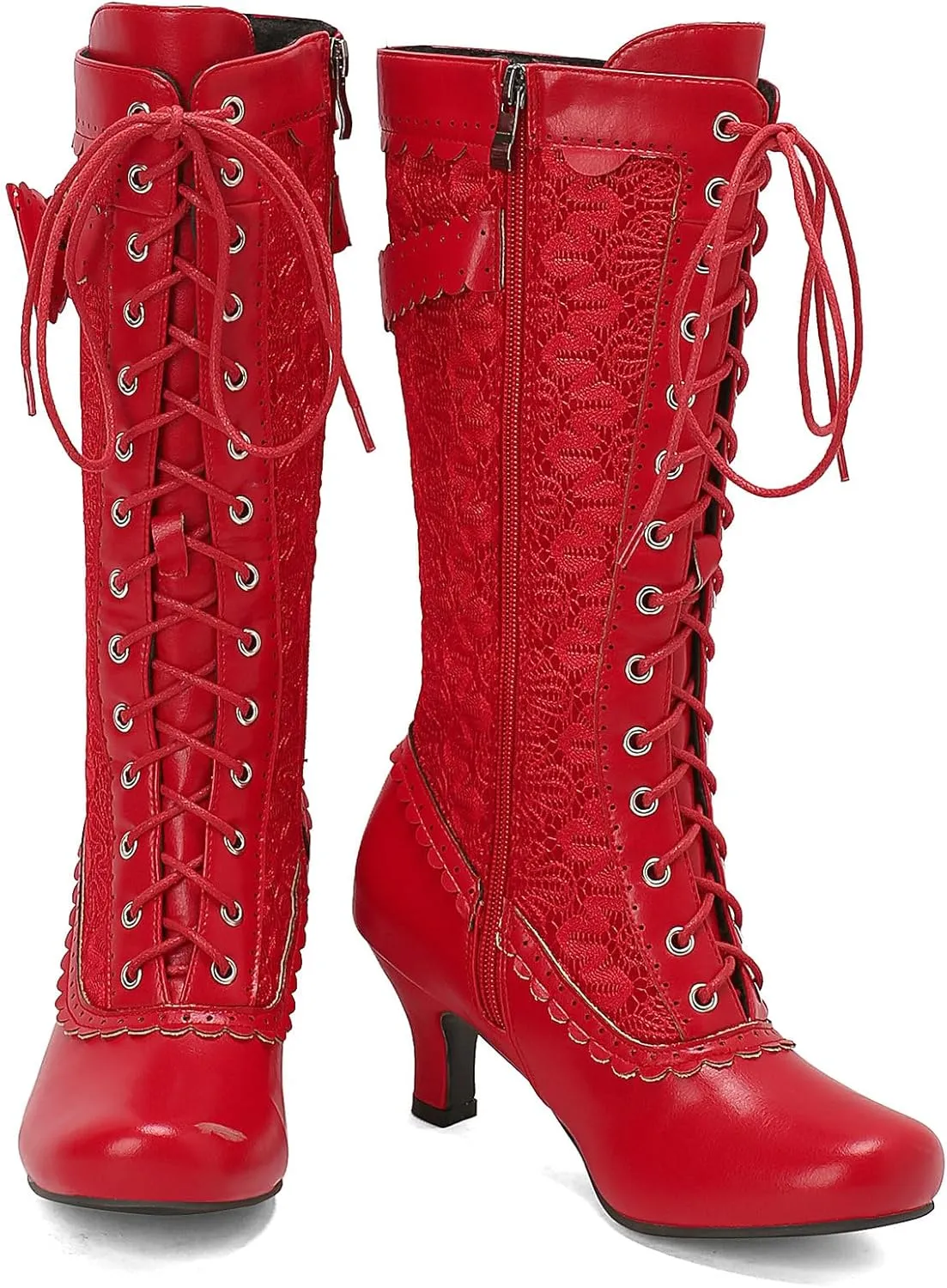 LUXMAX Women Gothic Victorian Boots Low Kitten Heel Mid Calf Boots Lace Up Cute Bow Boots for Ladies Witch Shoes