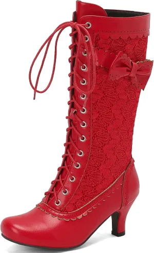 LUXMAX Women Gothic Victorian Boots Low Kitten Heel Mid Calf Boots Lace Up Cute Bow Boots for Ladies Witch Shoes