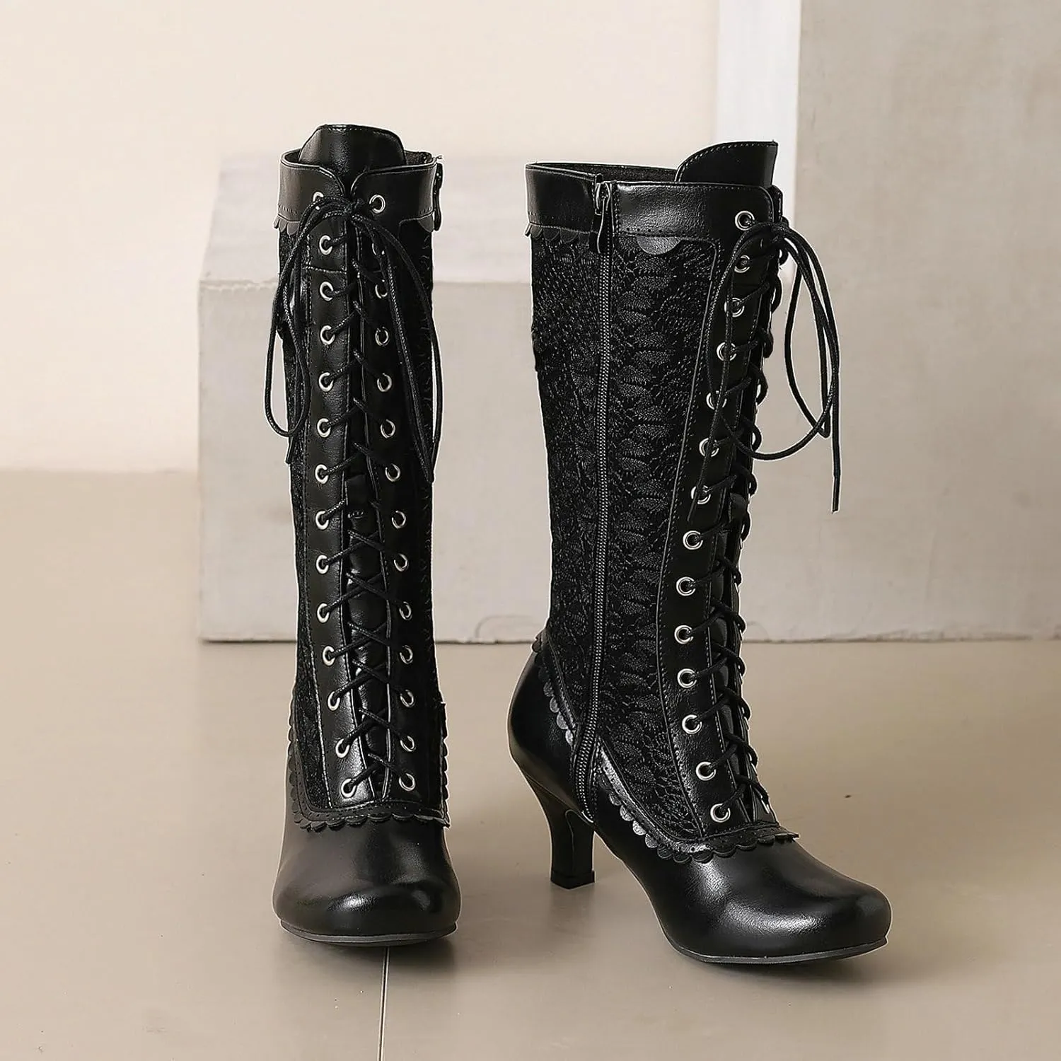 LUXMAX Women Gothic Victorian Boots Low Kitten Heel Mid Calf Boots Lace Up Cute Bow Boots for Ladies Witch Shoes