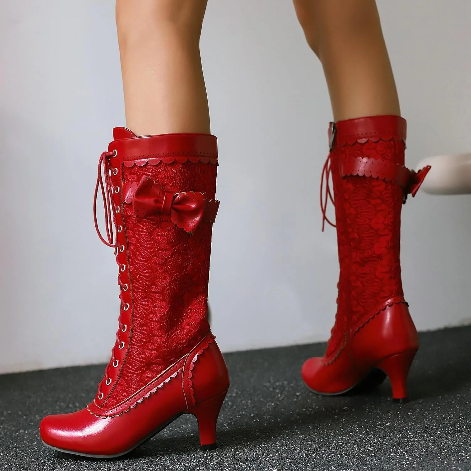 LUXMAX Women Gothic Victorian Boots Low Kitten Heel Mid Calf Boots Lace Up Cute Bow Boots for Ladies Witch Shoes