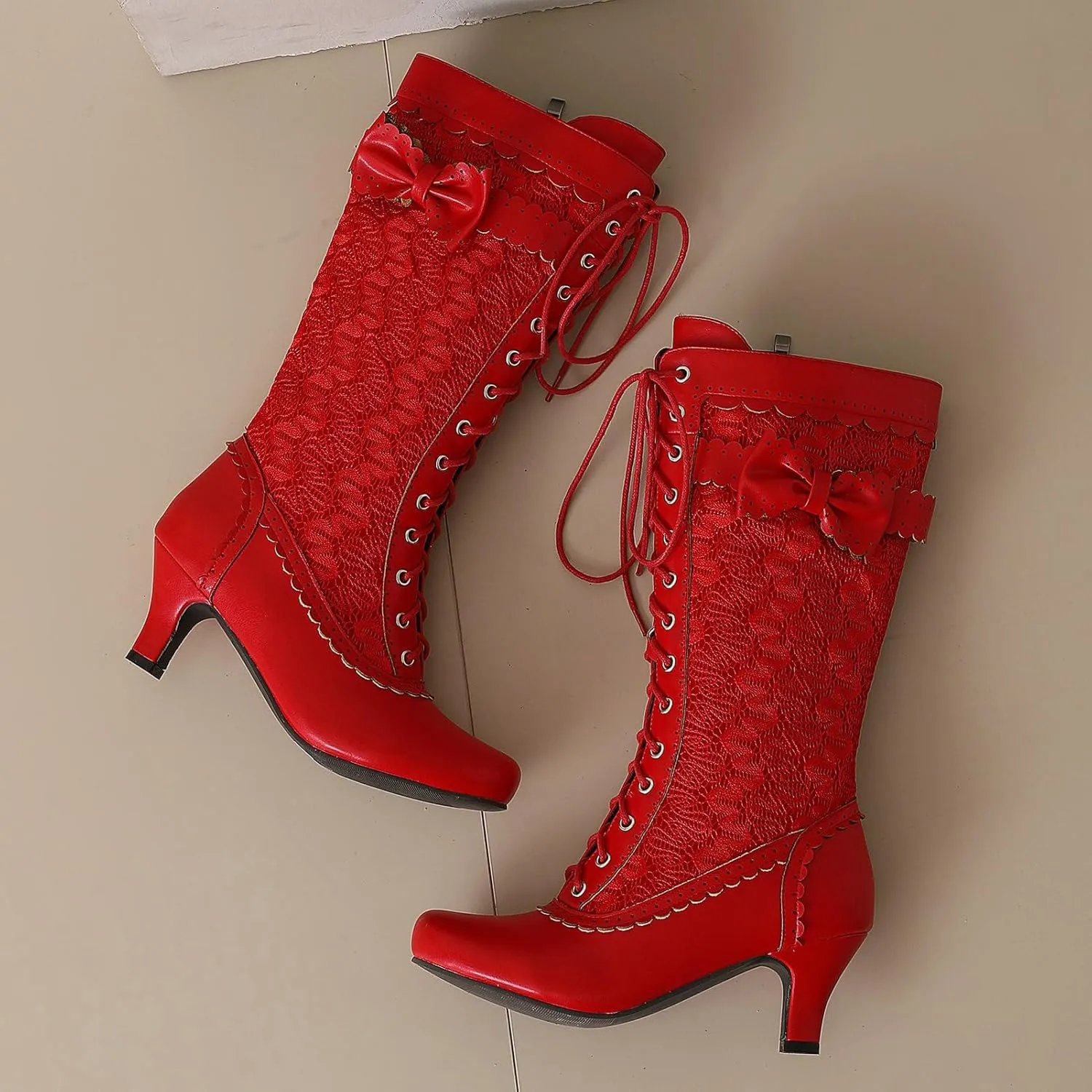 LUXMAX Women Gothic Victorian Boots Low Kitten Heel Mid Calf Boots Lace Up Cute Bow Boots for Ladies Witch Shoes