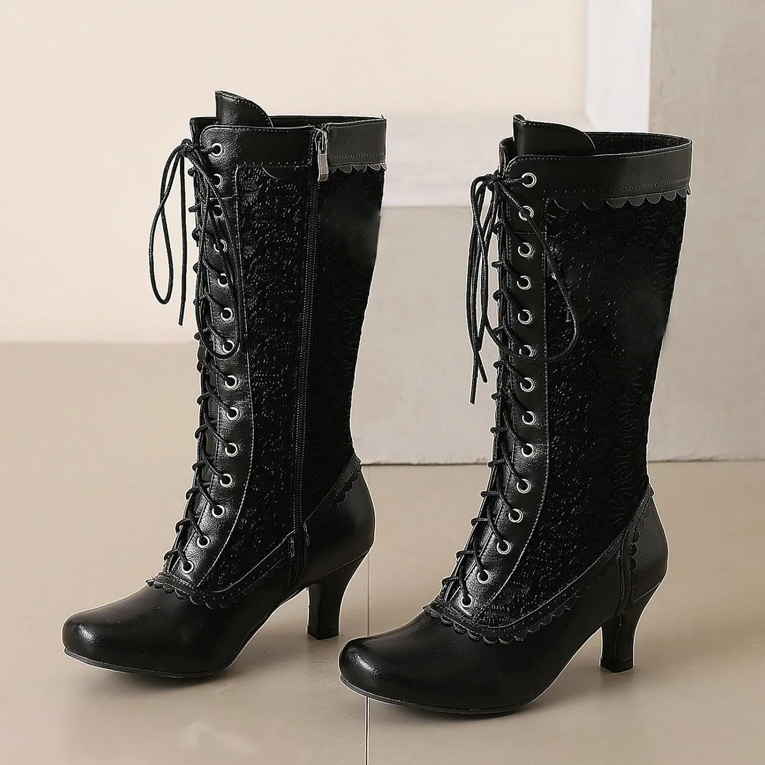 LUXMAX Women Gothic Victorian Boots Low Kitten Heel Mid Calf Boots Lace Up Cute Bow Boots for Ladies Witch Shoes