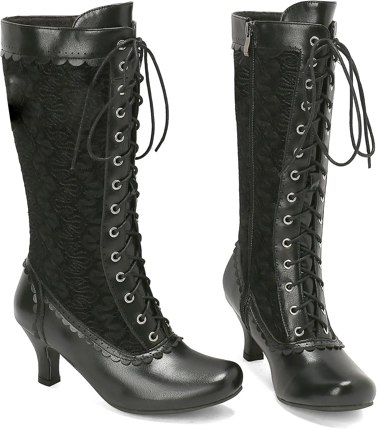 LUXMAX Women Gothic Victorian Boots Low Kitten Heel Mid Calf Boots Lace Up Cute Bow Boots for Ladies Witch Shoes