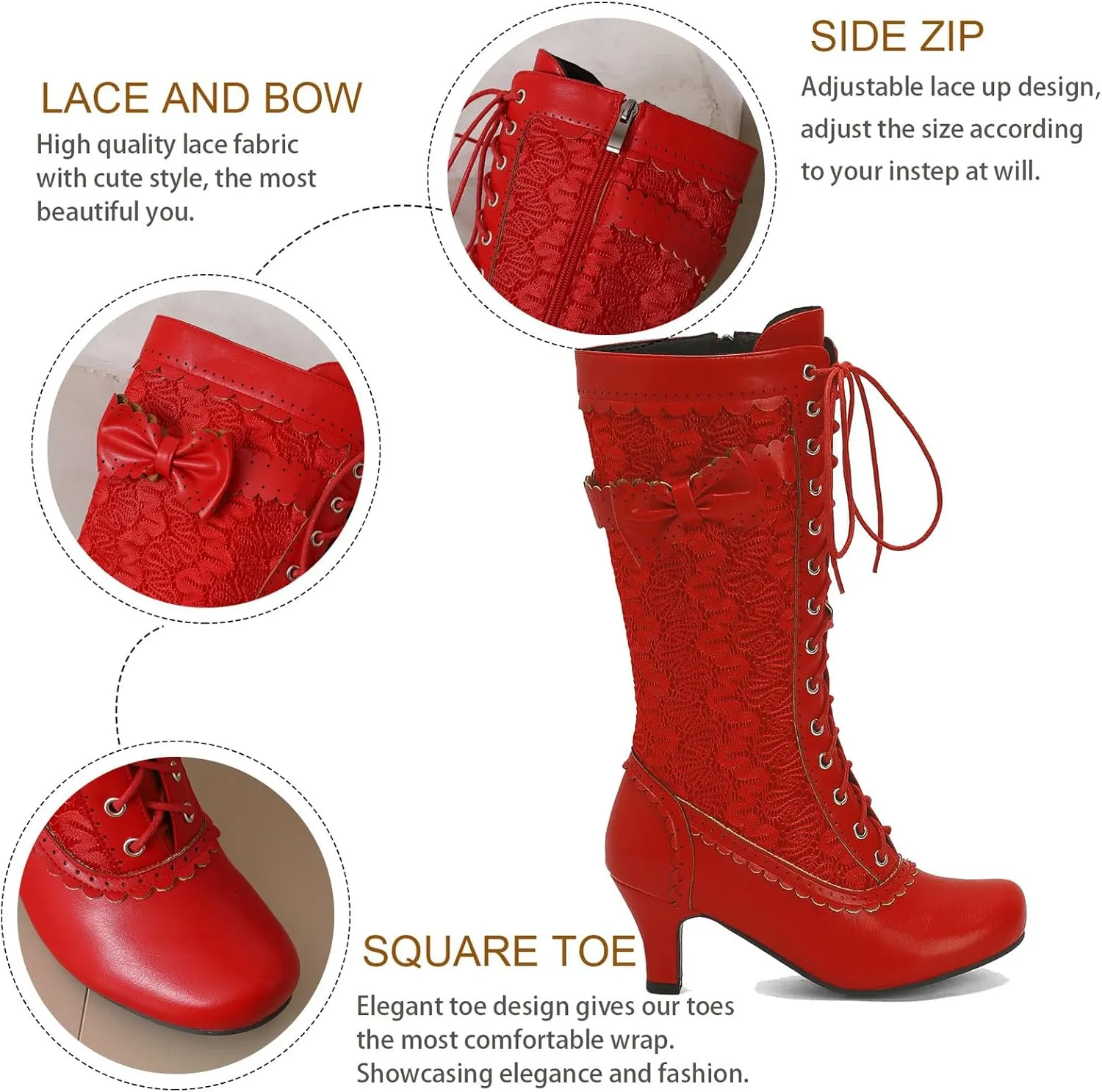 LUXMAX Women Gothic Victorian Boots Low Kitten Heel Mid Calf Boots Lace Up Cute Bow Boots for Ladies Witch Shoes