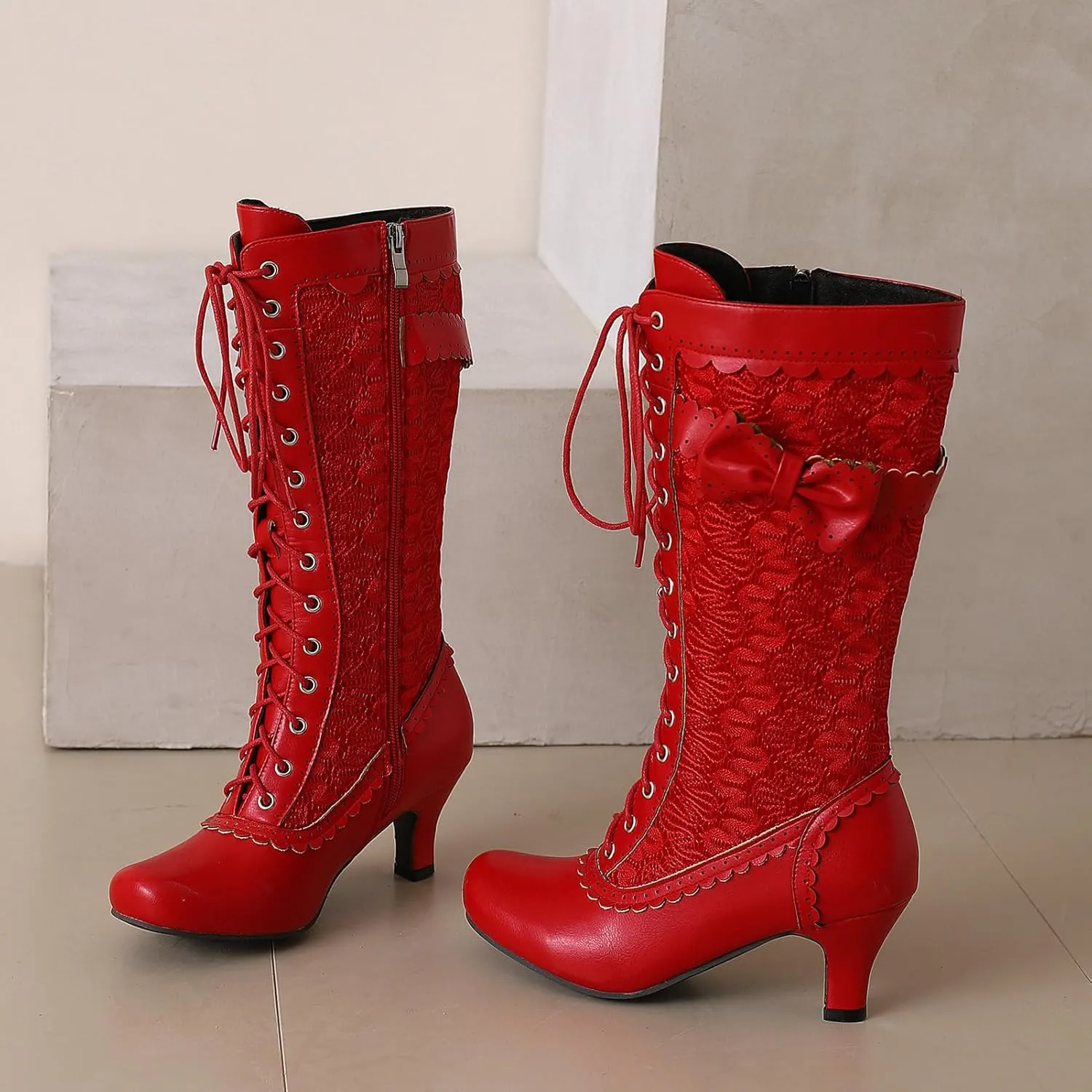 LUXMAX Women Gothic Victorian Boots Low Kitten Heel Mid Calf Boots Lace Up Cute Bow Boots for Ladies Witch Shoes