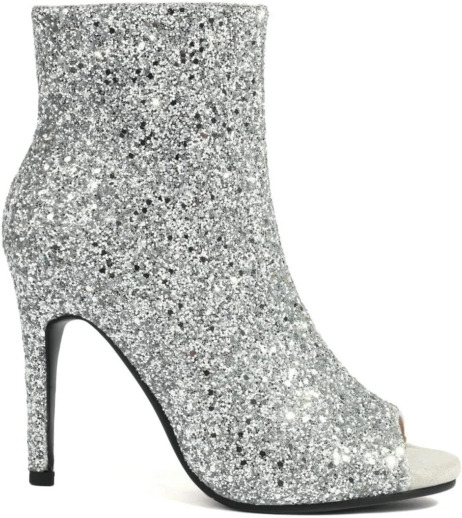 LUXMAX Women Peep Toe Stiletto Booties Glitter High Heel Boots Side Zip Sparkly Ankle Boots