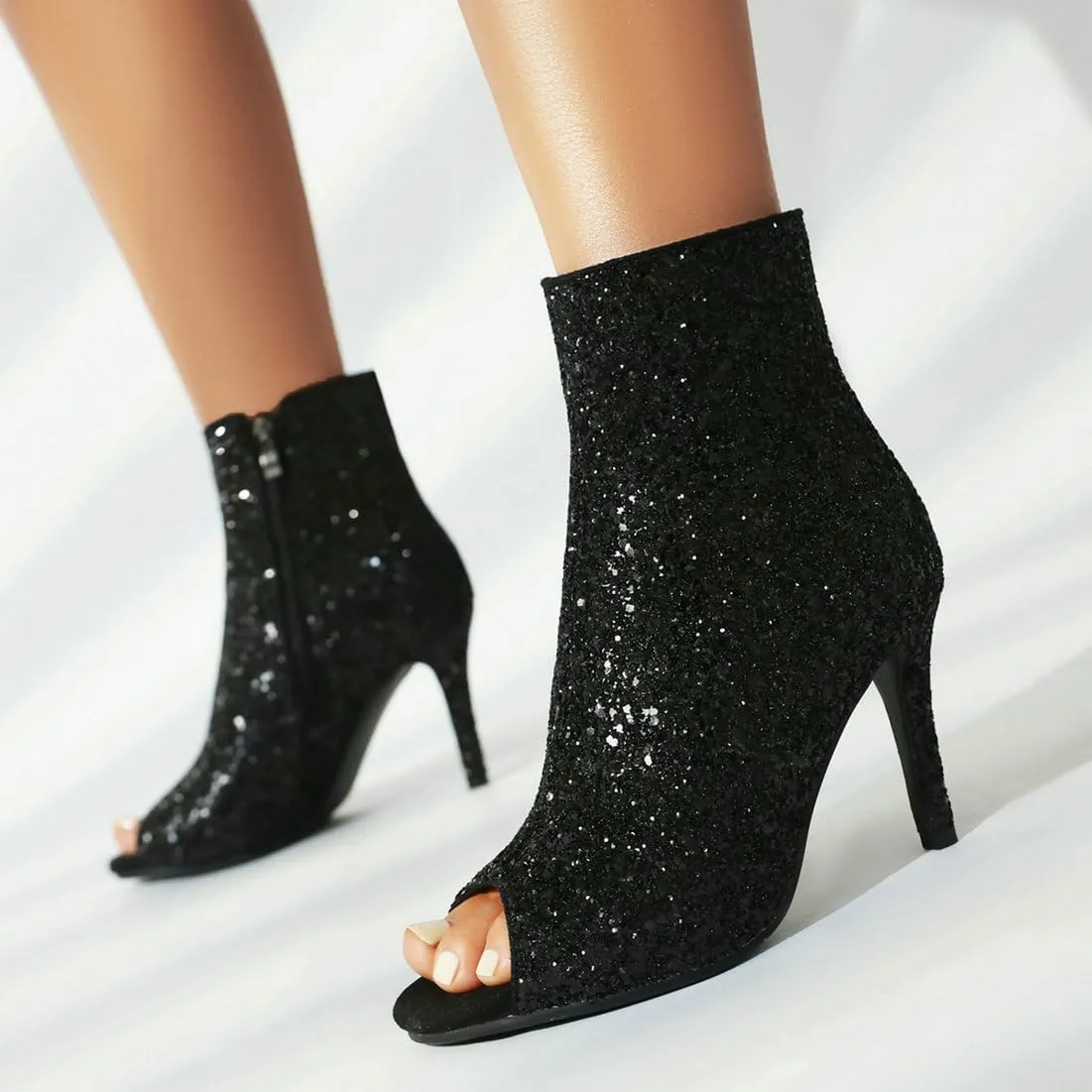 LUXMAX Women Peep Toe Stiletto Booties Glitter High Heel Boots Side Zip Sparkly Ankle Boots