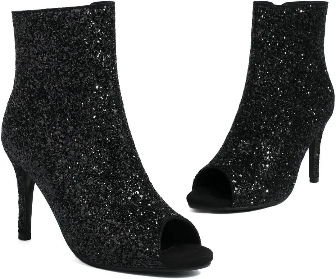 LUXMAX Women Peep Toe Stiletto Booties Glitter High Heel Boots Side Zip Sparkly Ankle Boots