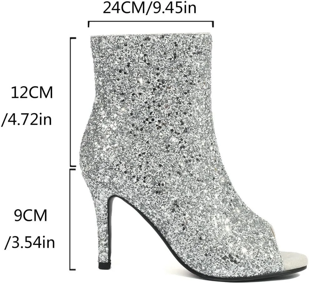 LUXMAX Women Peep Toe Stiletto Booties Glitter High Heel Boots Side Zip Sparkly Ankle Boots