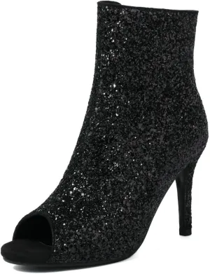 LUXMAX Women Peep Toe Stiletto Booties Glitter High Heel Boots Side Zip Sparkly Ankle Boots