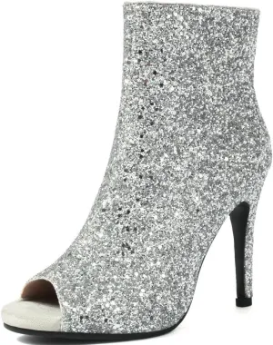 LUXMAX Women Peep Toe Stiletto Booties Glitter High Heel Boots Side Zip Sparkly Ankle Boots