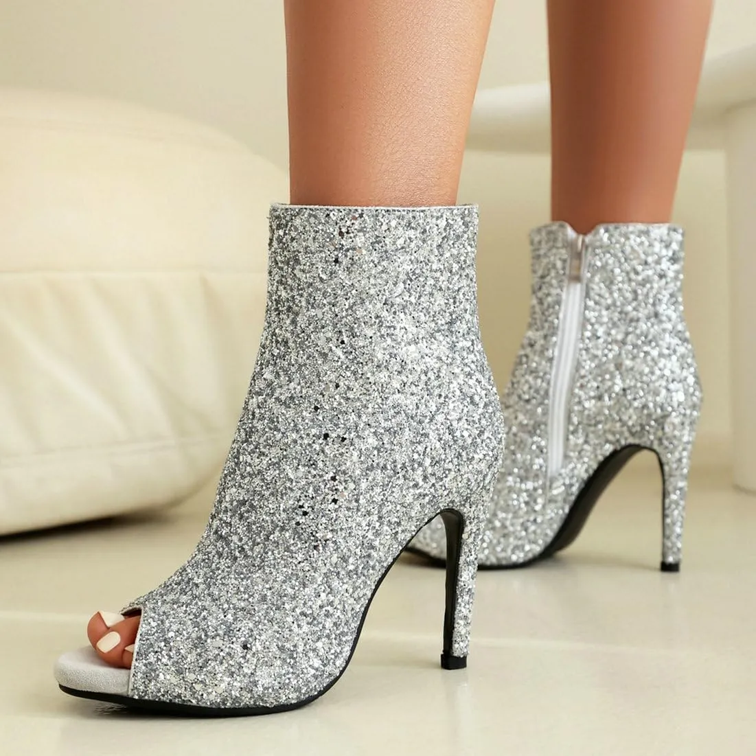 LUXMAX Women Peep Toe Stiletto Booties Glitter High Heel Boots Side Zip Sparkly Ankle Boots