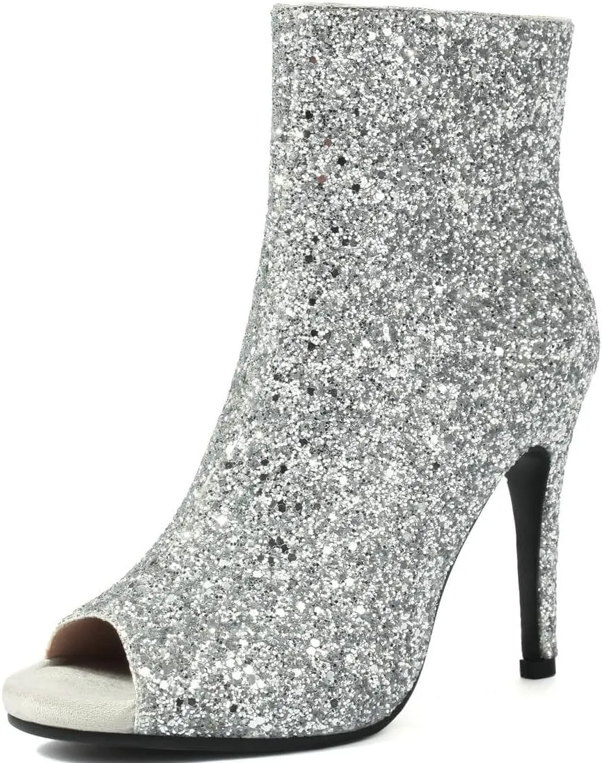 LUXMAX Women Peep Toe Stiletto Booties Glitter High Heel Boots Side Zip Sparkly Ankle Boots